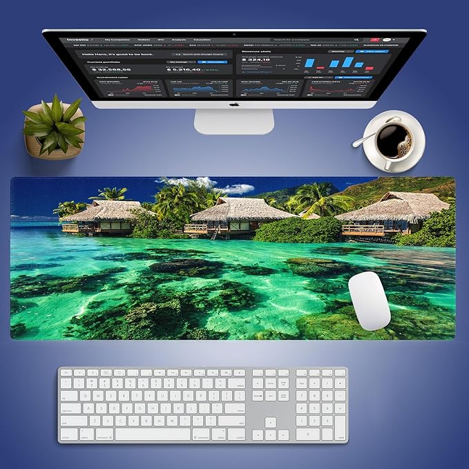 Extended XXL Gaming Mouse Pad with Stitched Edges - Tropical Paradise Overwater Bungalows with Clear Coral Reefs Summer Vacation, Smooth Surface Anti-Slip Base Large Desk Mat for Mice & Keyboard