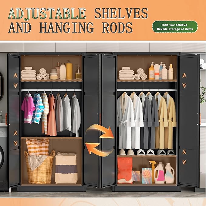 Greenvelly Metal Wardrobe Cabinet with Wooden Handle, 72" Black Metal Wardrobe Closet with Hanging Rods and Adjustable Shelves, Clothing Storage Closet Cabinet for Bedroom, Cloak Room, Laundry Room