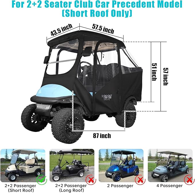 10L0L 4 Passenger Golf Cart Driving Enclosure for Club Car Precedent with Short Roof Up to 57", 4-Sided Clear Window 600D Rain Cover All Weather Windproof Waterproof-Black