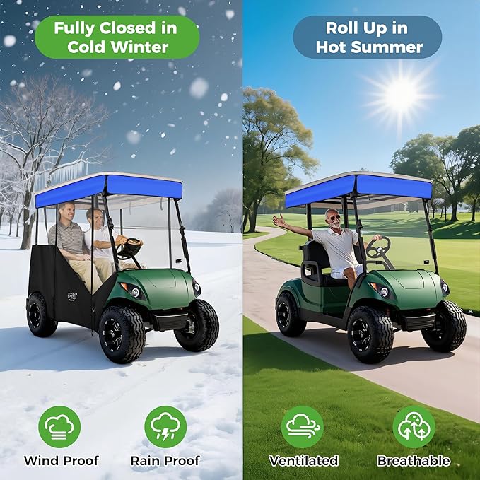 10L0L 3-Sided Track Style Golf Cart Enclosure fit 2 Passenger Yamaha G29 Drive,Waterproof 600D Oxford Cloth Yamaha Rain Cover with Aluminum Pre-Drilled Track,Clear PVC Windshield-Blue Valance