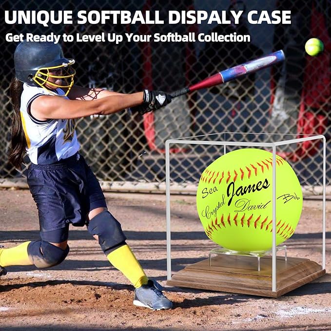 Softball Display Case Walnut Wood Base Acrylic Softball Case Display For Balls Uv Protection Softball Holder Cube Box Stand Memorabilia Autograph Ball, Ideal Gift For Official Size Single Ball Display