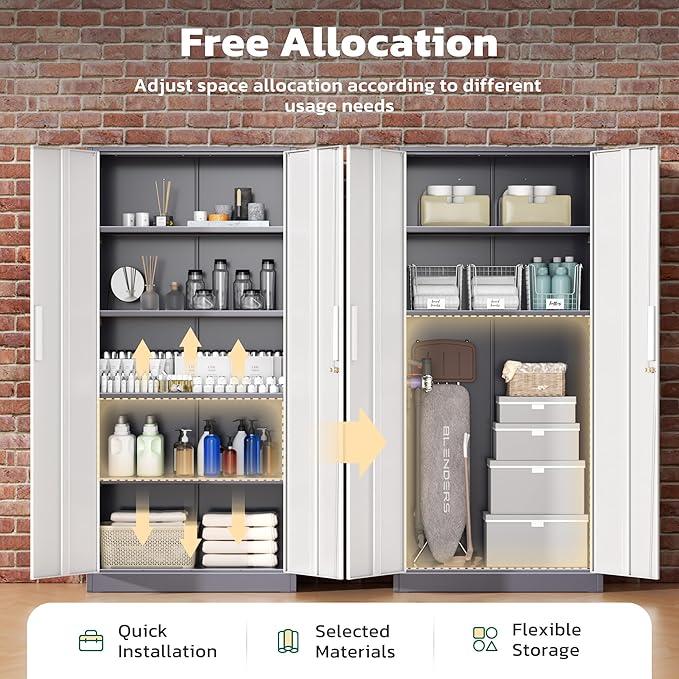 Metal Lockable Storage Cabinet, 72” Storage Cabinet with 2 Doors and 4 Adjustable Shelves for Office, Home, Garage, Pantry (Assembly Required, Grey White)