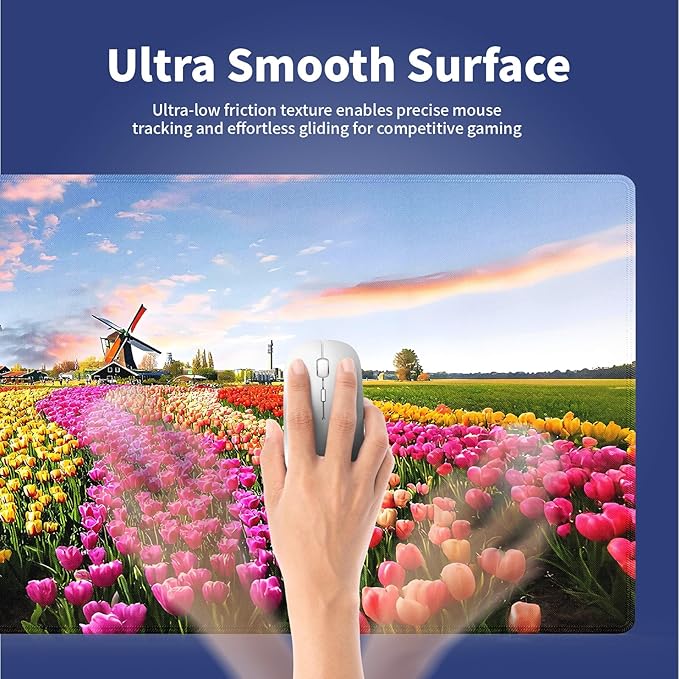 Wknoon. Extra Large Gaming & Office Mouse Pad (31.5" x 11.8") with Durable Stitched Edges – Vibrant Tulip Fields Flowers in Full Bloom and Traditional Windmills at Sunset, Extended XXL Desk Mat