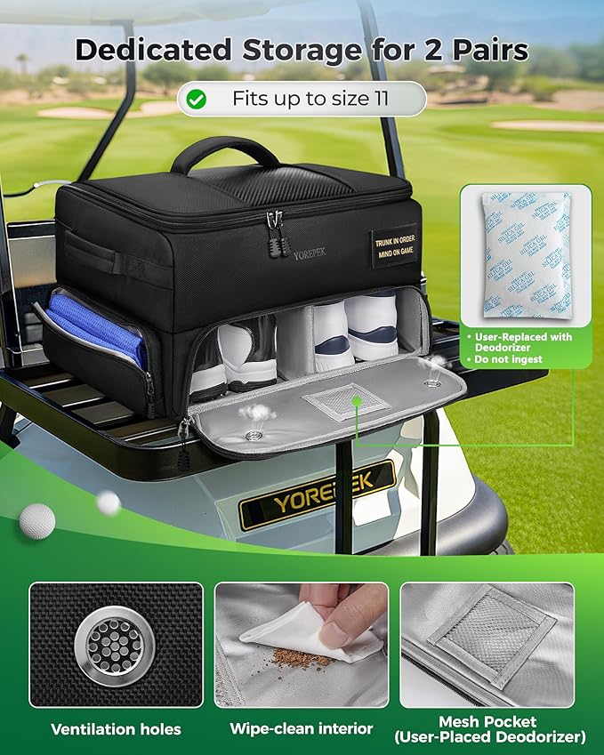 YOREPEK Upgraded Golf Trunk Organizer, Christmas Gifts for Golfers, with Removable Insulated Pouch&Dust-Proof Protective Layer, Multi-Compartment fits 2 Pairs of Shoes, Golf Accessories