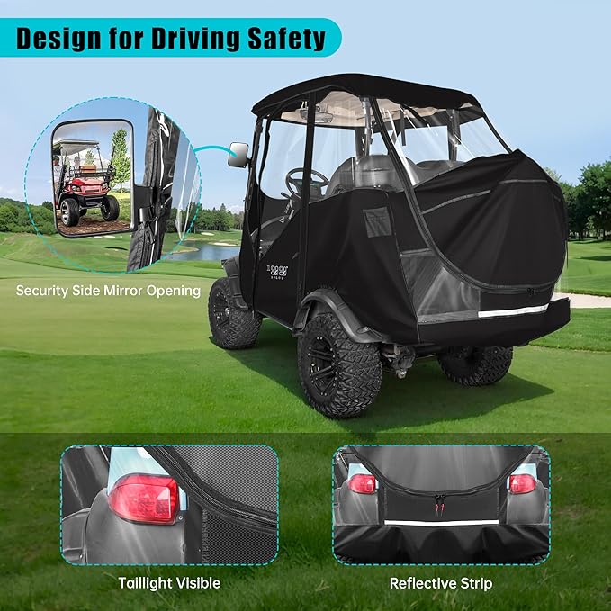 10L0L 4 Passenger Golf Cart Driving Enclosure for Club Car Precedent with Short Roof Up to 57", 4-Sided Clear Window 600D Rain Cover All Weather Windproof Waterproof-Black