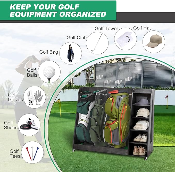 Golf Bag Organizer Storage Rack Stand Holder Fits Extra Large Golf Club Bags and Multiple Golfing Equipment Accessories for Garage Home Simulator and Office