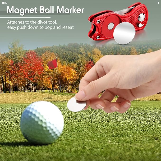 Skylety 4 Pcs Golf Divot Repair Tool Metal Foldable Golf Divot Tool with Magnetic Pop-up Button Ball Marker Stainless Steel Switchblade for Golfers Prizes