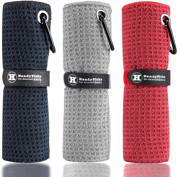Handy Picks Microfiber Golf Towel (16" X 16") with Carabiner Clip, Waffle Pattern Golf Towel Hook and Loop Fastener - The Convenient Golf Cleaning Towel