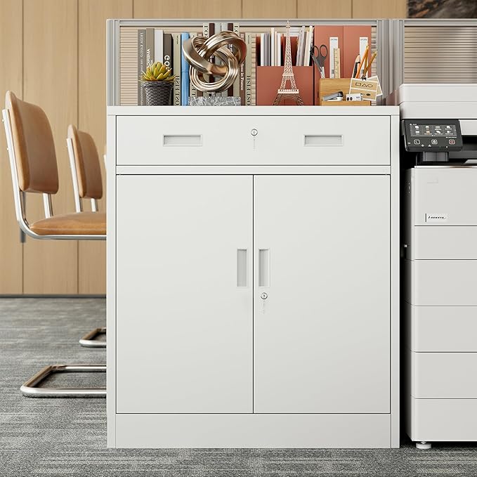 BESFUR Metal Storage Cabinet with Lockable Drawer and 2 Lockable Doors, 36"H White Metal Cabinet with Adjustable Shelf, Locking Storage Cabinet for Home Office, Garage,School, Warehouse, Utility Room