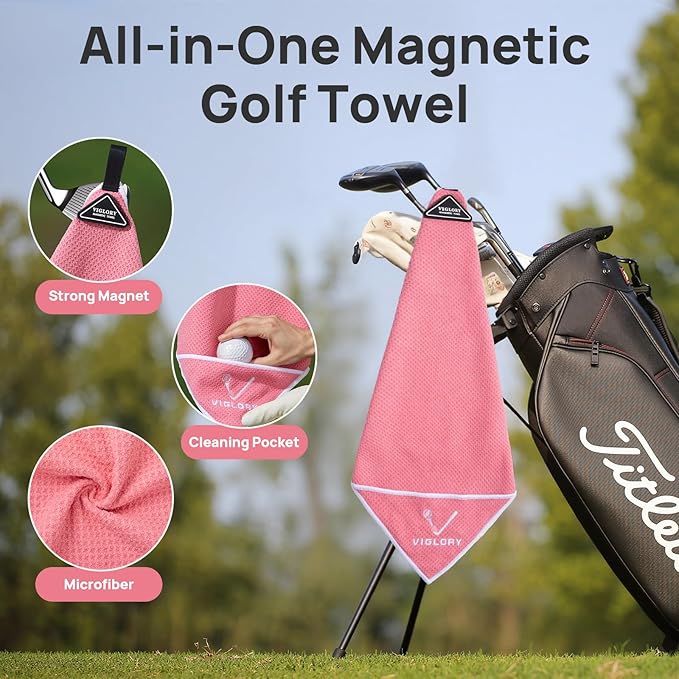 Magnetic Golf Towel for Bag 18" x 18" with Clip Exclusive Cleaning Pocket Microfiber Waffle Ultra Absorbent Club Ball Cleaner Essential Golf Accessories and Gifts for Women(Pink 1 Pack)