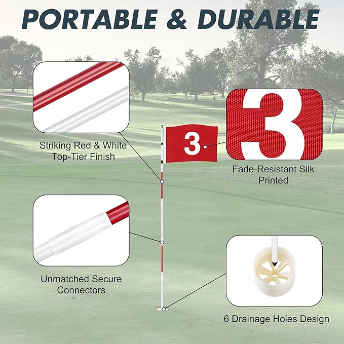 Golf Flagstick 6ft, 5-Section Design, ABS Hole Cup, 420D Nylon Flag for Backyard Practice Putting Green | Driving Range | Country Club, Gift for Golf Lovers