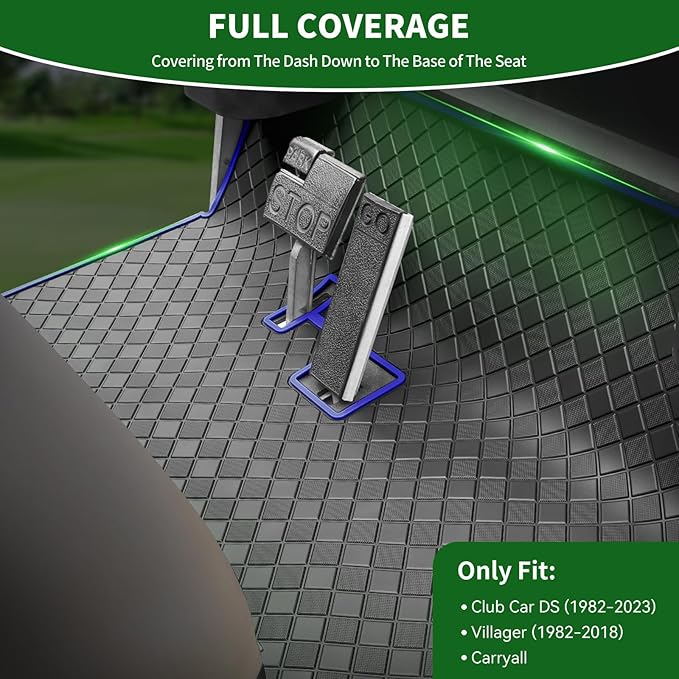 Golf Cart Floor Liner Mat 8mm Thick Rubber Full Coverage Fit for Club Car DS 1982-2013 / Villager 1982-2018 Carts Heavy-Duty Non-Slip Front Feet Mats Replacement Easy to Clean - Blue Trim