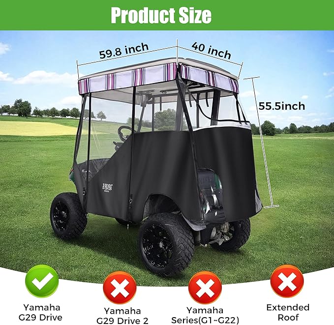 10L0L 3-Sided Track Style Golf Cart Enclosure fit 2 Passenger Yamaha G29 Drive,Waterproof 600D Oxford Cloth Yamaha Rain Cover with Aluminum Pre-Drilled Track,Clear PVC Windshield-Striped Valance