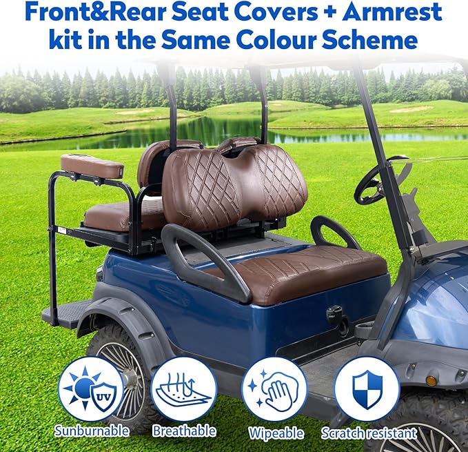 NOKINS Golf Cart Seat Covers for Club Car Precedent, Vinyl Front&Rear Seat Cover with Flip-Up Armrests kit, with Cup Holder, for 1" Square Tube(Brown&Brown 8438)