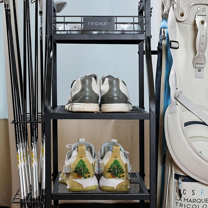 A11N SPORTS Golf Bag Stand for Garage with 4 Hooks & Club Holder, Golf Organizer for 2 Bags, Rolling Storage Rack with Wheels, Heavy-Duty All-Metal Frame
