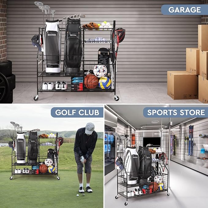 Sports Equipment Organizer, Sports Storage for Garage, Golf Bag Storage Rack, Golf Organizer Stand for Golf Club, Ball Storage Cart with Wheel for Garage, Gym, Shed, Outdoor