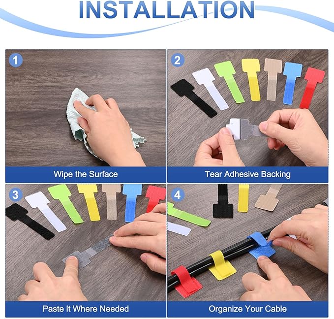 100-Pack Hook and Loop Cable Ties, 3.5 x 1.1 Inch Enhanced Self-Adhesive Cord Organizer for Desk/Home/Wall/Office Essentials, Cable Management Under Desk [Red]
