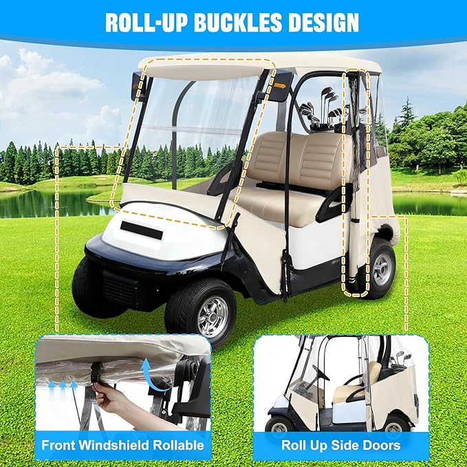 iLSKW Golf Cart Driving Enclosure 2 Passenger Only for Club Car Precedent 2004-Up, Tempo & Onward 2017-Up Cart with Roll Up Door Zipper Design, 4-Side Clear Windows 600D Heavy Duty Rain Cover
