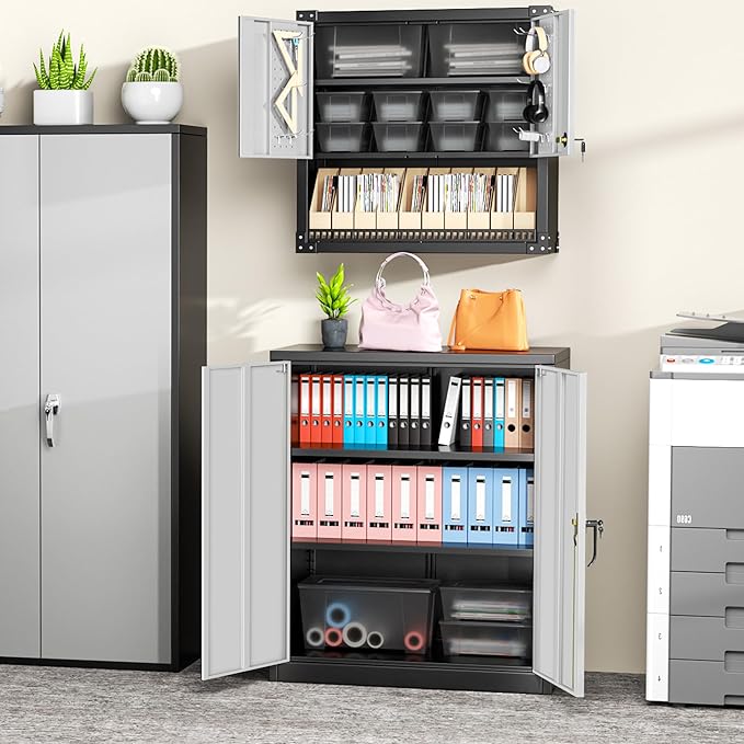 Greenvelly Metal Storage Cabinet,36" Lockable Storage Cabinet with Doors and Adjustable Shelves, Steel File Cabinet with Lock for Garage,Home,School,Pantry(Black Grey)