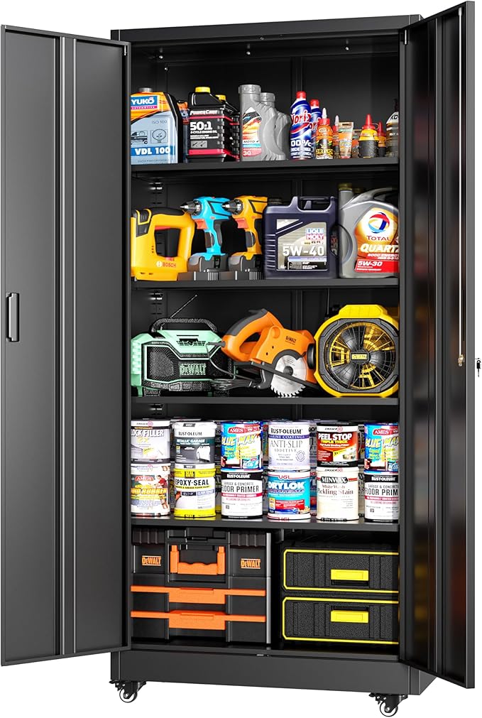 Greenvelly Metal Garage Storage Cabinet with 4 Swivel Wheels, 73” Black Storage Cabinet on Wheels, Rolling Tool Cabinet with Locking Doors and Shelves for Home, Basement, Kitchen Pantry, Warehouse