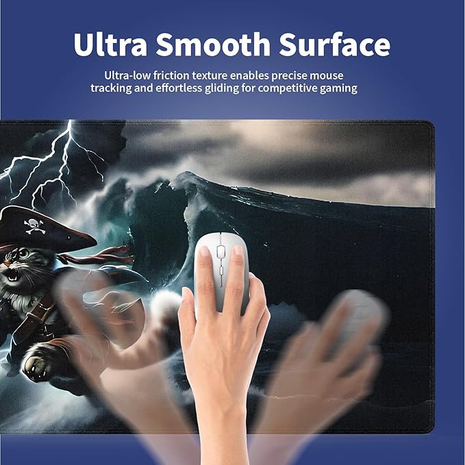 Wknoon. Extra Large Gaming Mouse Pad (31.5" x 11.8") with Durable Stitched Edges – Cute Pirate Kitty in The Stormy Ocean Waves Funny Cat Adventure Ship Sailing, Anti-Slip Base Extended XXL Desk Mat