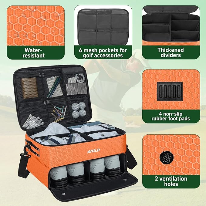 ANILD Golf Trunk Organizer, 2 Layer Golf Storage Case with Separate Ventilated Compartment for 2 Pair Shoes, for Balls, Tees, Clothes, Gloves, Accessories, Golfer Gifts