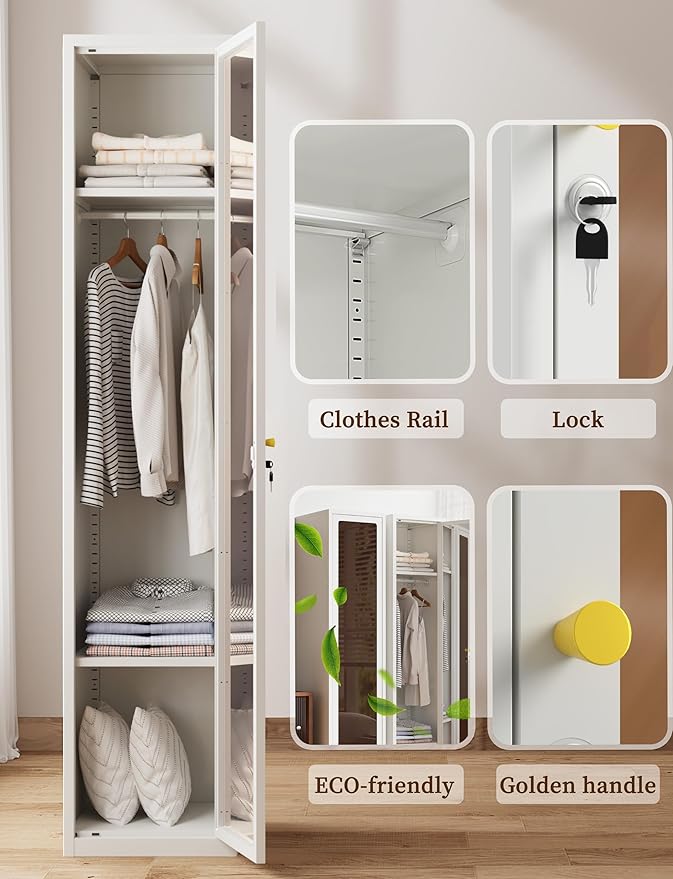 Tall Metal Locker 0rganizer for Employees with Lock, 72.83" H Amber Glass Door Cabinet with Mirror,Lockable Lifetime Locker for Home, Office, Gym, School, Garage (Single Door, White)