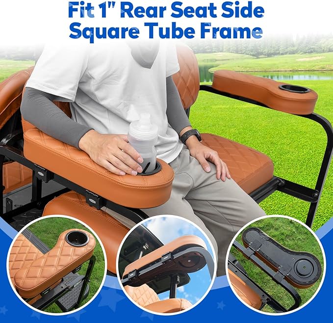 NOKINS Golf Cart Seat Covers for Club Car Precedent, Vinyl Front&Rear Seat Cover with Flip-Up Armrests kit, with Cup Holder, for 1" Square Tube (All Brown)