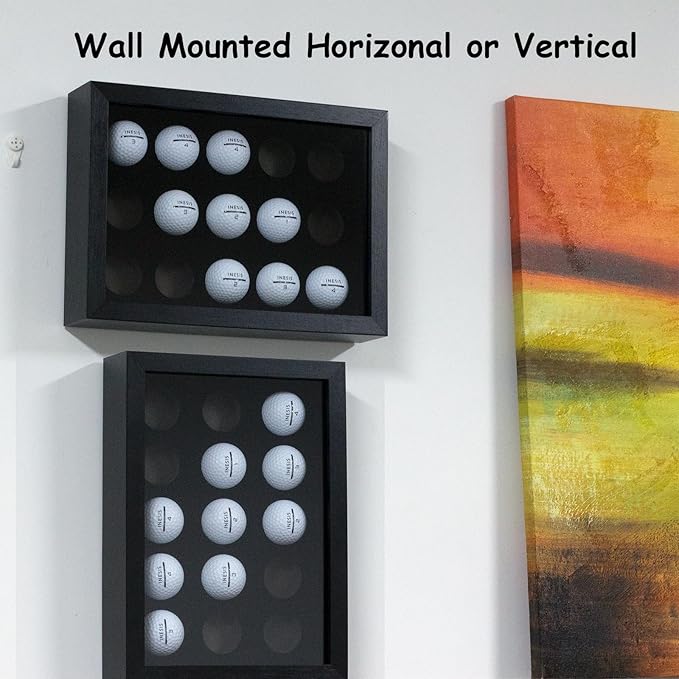 Golf Balls Display Case for 15 Balls, Wooden Case with Acrylic Dust UV Cover, Wall Mount and Freestanding Shadow Box for Glofball Collector Memorabilia Autograph Balls