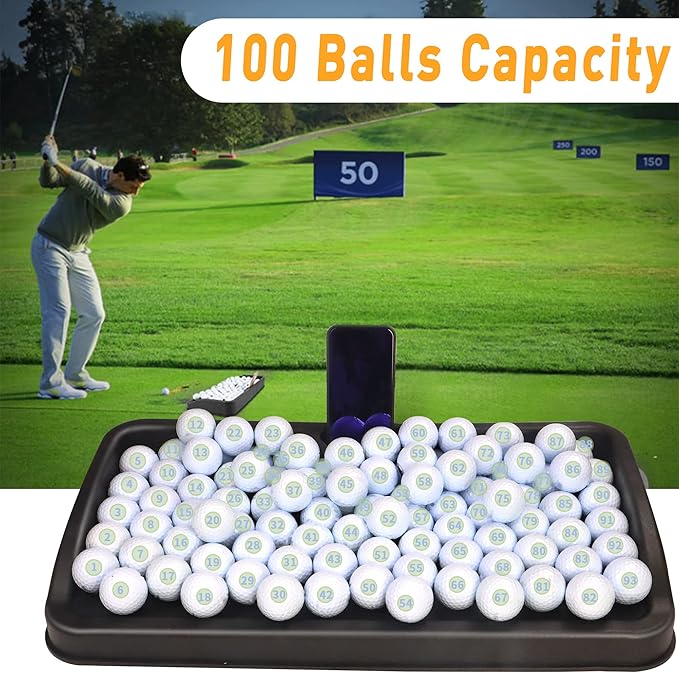 Heavy Duty Golf Ball Tray - with Cell Phone Holder Record Golf Swing - 100 Ball Capacity - High Impact Rubber Golf Tray Compatible with All Hitting Mats