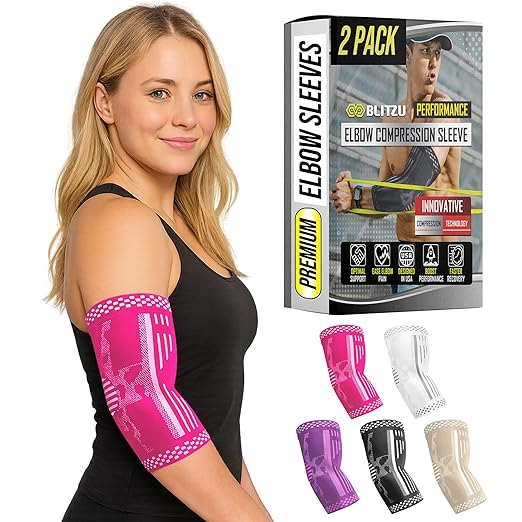 BLITZU Elbow Compression Sleeve for Tendonitis 2 Pack, Tennis Elbow Brace Support for Men and Women Golfers Elbow Pain Relief, Arthritis, Bursitis, Arm Brace for Workout, Weightlifting Pink M