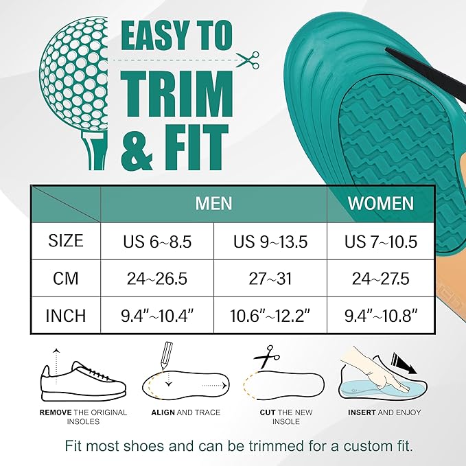 Golf Shoe Insoles for Men - GED Sports Insoles for Arch Support and Athletics - Lightweight, Elastic, Trim to Fit, Increase Stability, Balance, Precision Swings, Reduced Foot Fatigue (US 9-13.5)