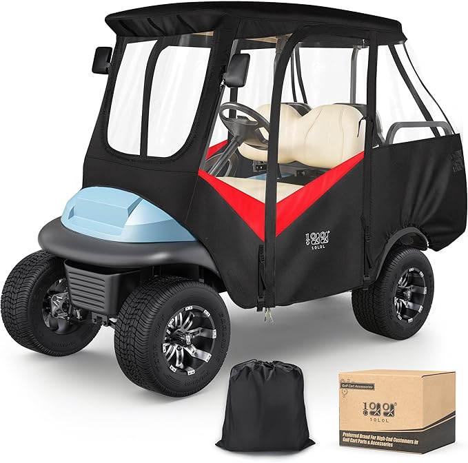10L0L 4 Passenger Golf Cart Driving Enclosure for Club Car Precedent with Short Roof Up to 57", 4-Sided Clear Window 600D Rain Cover All Weather Windproof Waterproof - Black with Red