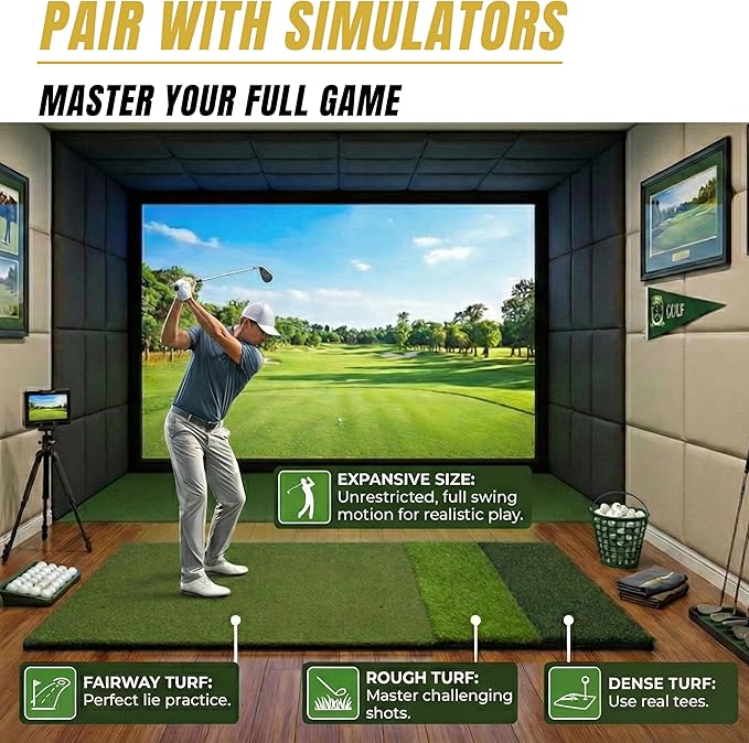 6x4ft Extra Large Tri-Turf & 5x4ft Ultra Thick 20mm Base Premium Golf Mat | Golf Mats Practice Outdoor, Indoor, or with Simulator/Net | Durable Turf Golf Hitting Mat with Tees
