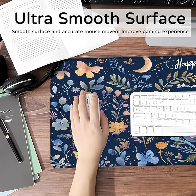 Happy Birthday Large Gaming Mouse Pad,Festival Party Desk Mat,31.5x11.8x0.12in Extended Non-Slip Rubber Moon Floral Blue Mousepad,Computer Deskmat Gifts,Laptop Mice Pads Decor for Home Office