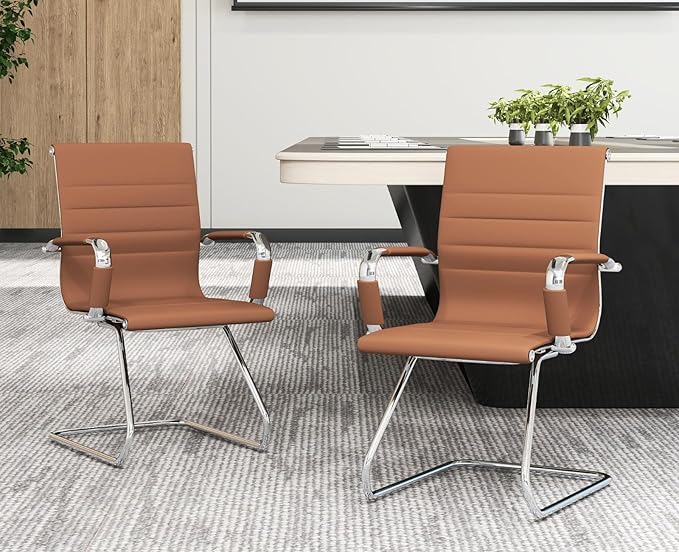 CIMOTA Waiting Room Chairs Leather Office Guest Chair Mid Back Reception Chairs with Sled Base for Meeting/Patient/Conference Room, Brownish Yellow Set of 6