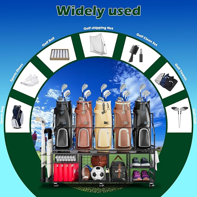 Golf Storage Organizer for 5 Bags, Extra Large Golf Club Racks for Garage Golf Bag Stand Holder for Golf Equipment Accessories