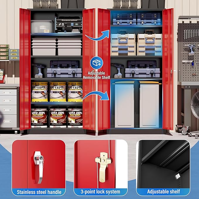 Greenvelly Metal Storage Cabinet with Doors and Shelves, 72”-Inch Locking Metal Cabinet,Garage Storage Cabinet for Garage Office School Warehouse (Black Red)