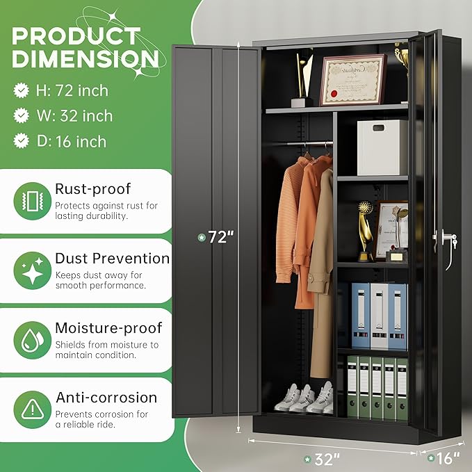 INTERGREAT Metal Wardrobe Closet, 72" H Metal Storage Armoires Cabinet with Lockable Doors and Hanging Rod, Armoire Wardrobe Closet with 4 Adjustable Shelves for Home Office, Warehouse, Garage, Black