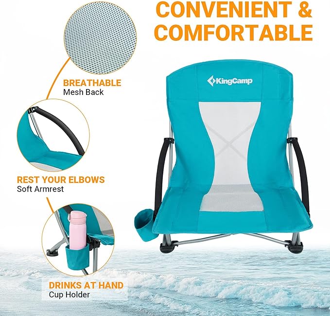 KingCamp Low Beach Chairs, Folding Portable Chair for Adults Lightweight Extra Wide Seat 300lbs Heavy Duty Oversized Backpack, Carry Bag for Camping