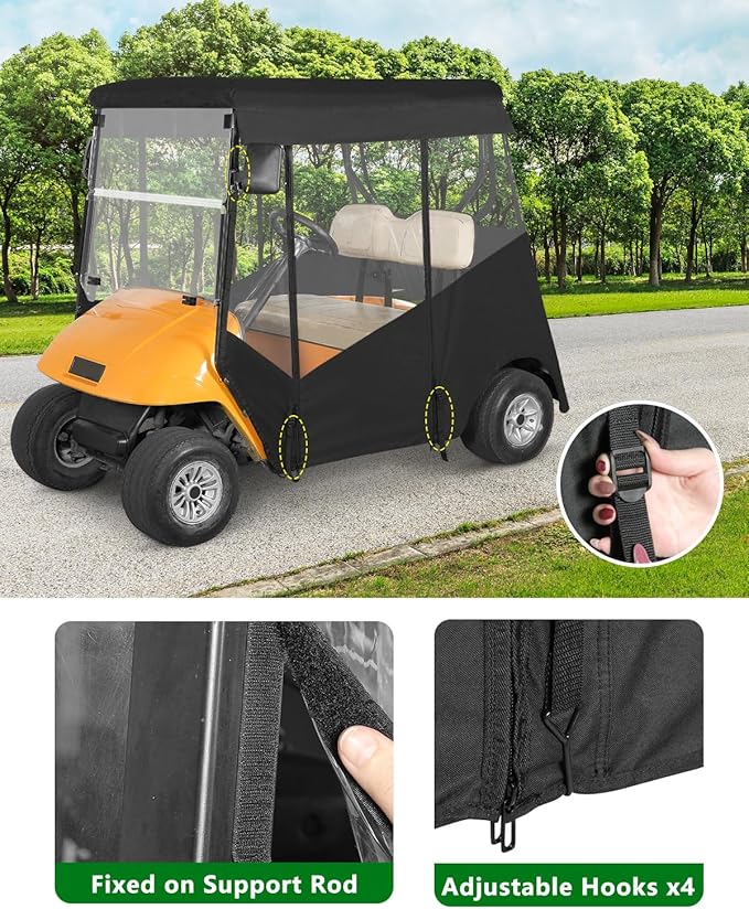 Golf Cart Enclosure 2 Passenger for Ezgo TXT,600D Waterproof Clear Rain Cover Driving Enclosure 2 Seater,Full Roll Up 3 Sided Transparent Windows&door with Heavy Duty Zipper,Side Mirrors Openings