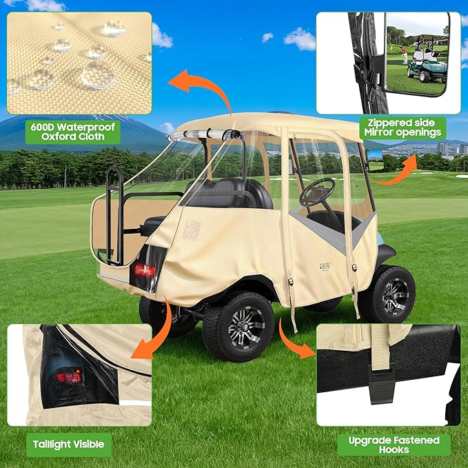 10L0L Golf Cart 4 Passenger Enclosure for Club Car Precedent Short Roof 57.5" Deluxe 600D Golf Cart Heavy Duty Rain Cover with 4 Zipped Doors Clear PVC Windows (Latest Improved Version)