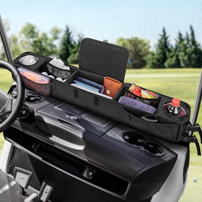 Golf Cart Front Storage Basket with Insulated Cup Holders, No-Drilling Dash Tray Organizer Compatible with EZGO, Club Car, Kandi Electirc Golf Cart, Golf Cart Storage Organizer