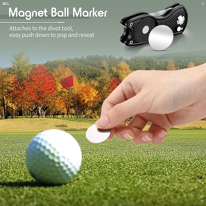 Skylety 4 Pcs Golf Divot Repair Tool Metal Foldable Golf Divot Tool with Magnetic Pop-up Button Ball Marker Stainless Steel Switchblade for Golfers Prizes