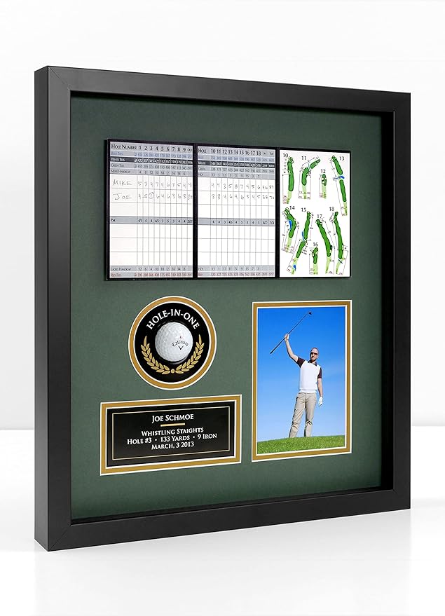 Hole-in-One Golf Display Case Frame, 3 or 4 Components for Ball, Scorecard, Photo & Printed Graphic Info Insert (Premium, 4 Components)