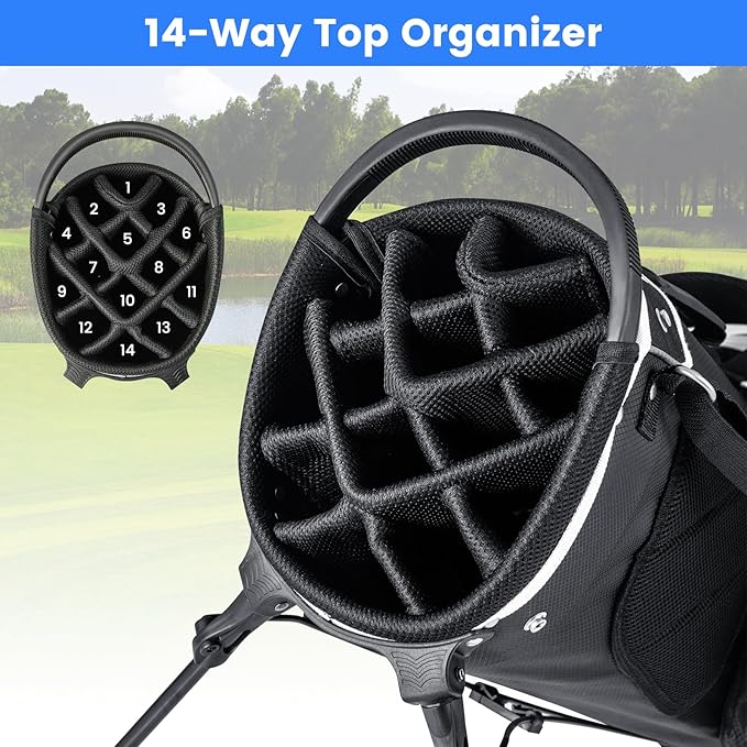 Tangkula Golf Stand Bag with 14 Way Top Dividers, Lightweight 6 Pockets Golf Club Bag with Cooler Bag, Adjustable Dual Strap & Rain Hood, Golf Carry Bag for Men & Women