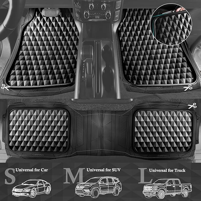 CAR PASS 3 Row Heavy Duty Rubber Car Mats, Deep-Dish All-Weather for 7 Seats 8 Seater 2nd & 3rd Floor Mats Waterproof Universal Trim Fit Liner Van,SUV,7 Passengers Vehicle,Automotive 3D Rhombus Black