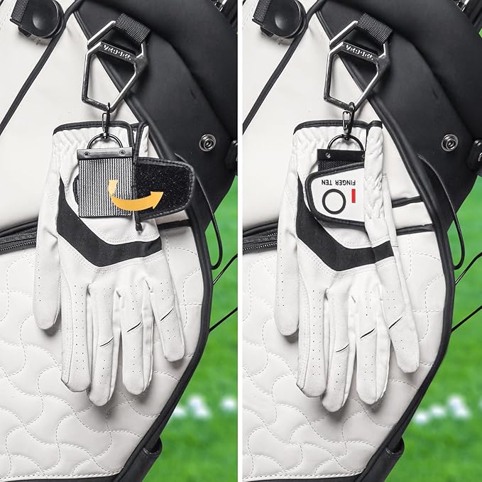 FINGER TEN Golf Glove Grabber Holder with 360° Metal Carabiner Clip 2 Pack, Universal Both Sides Grabber Keeper Strap Quick Storage Gloves, Lightweight Portable Easy Clip-On for Bags