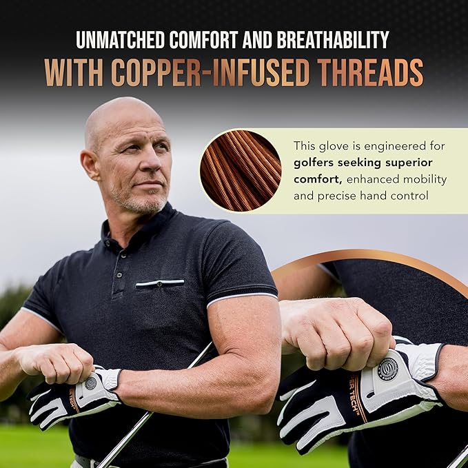 Copper Tech Golf Gloves Men Right Handed Golfer Or Left Handed Golfer (2 Pack) | Copper Compression Joint Support with Flexible & Comfortable Fit | AAA Leather Construction & Tacky Silicone Pad