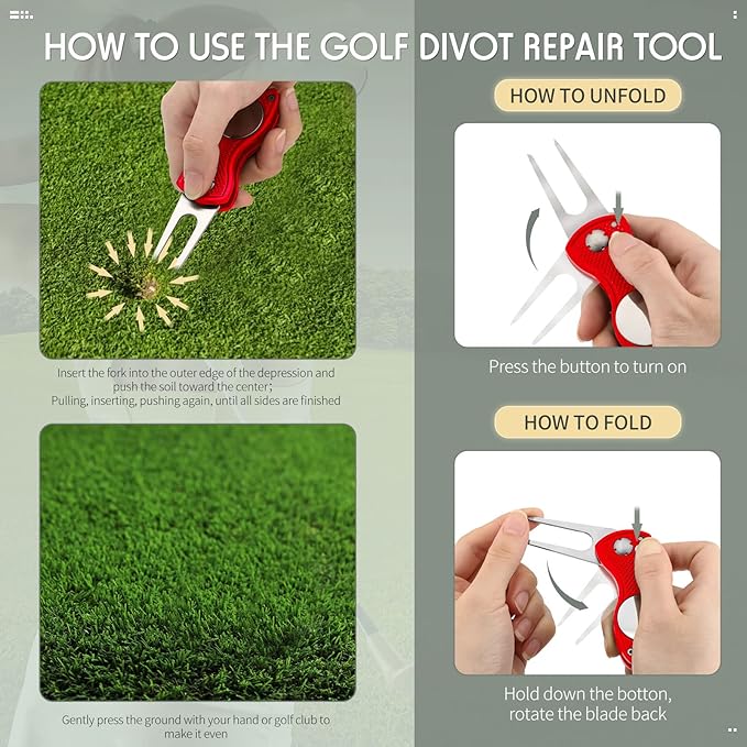 Skylety 4 Pcs Golf Divot Repair Tool Metal Foldable Golf Divot Tool with Magnetic Pop-up Button Ball Marker Stainless Steel Switchblade for Golfers Prizes